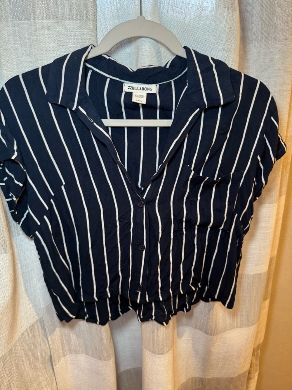 Billabong Navy and White Cropped Vertical-Stripe Button Front Shirt